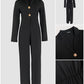 Notched Collar Long Sleeve Button Front Jumpsuit Casual Cinched Waist Wide Leg Faux Two Piece Jumpsuit