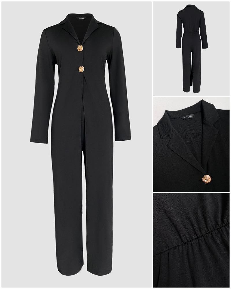 Notched Collar Long Sleeve Button Front Jumpsuit Casual Cinched Waist Wide Leg Faux Two Piece Jumpsuit