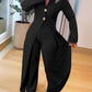 Notched Collar Long Sleeve Button Front Jumpsuit Casual Cinched Waist Wide Leg Faux Two Piece Jumpsuit