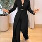 Notched Collar Long Sleeve Button Front Jumpsuit Casual Cinched Waist Wide Leg Faux Two Piece Jumpsuit