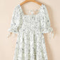 Beige Floral Print Square Neck Shirred Back Puff Sleeve Mini Dress