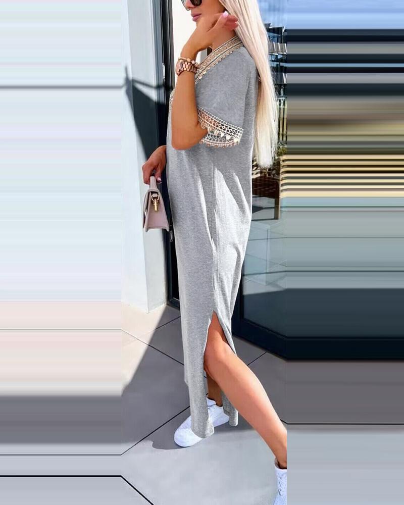 Lace Trim V Neck Slit Casual Dress