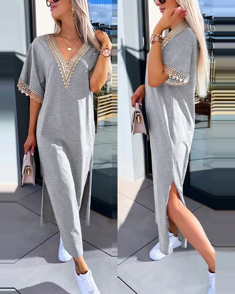 Lace Trim V Neck Slit Casual Dress