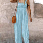 Tie Dye Print Square Neck Thick Strap Shirred Wide Leg Jumpsuit Casual Overalls with Pockets