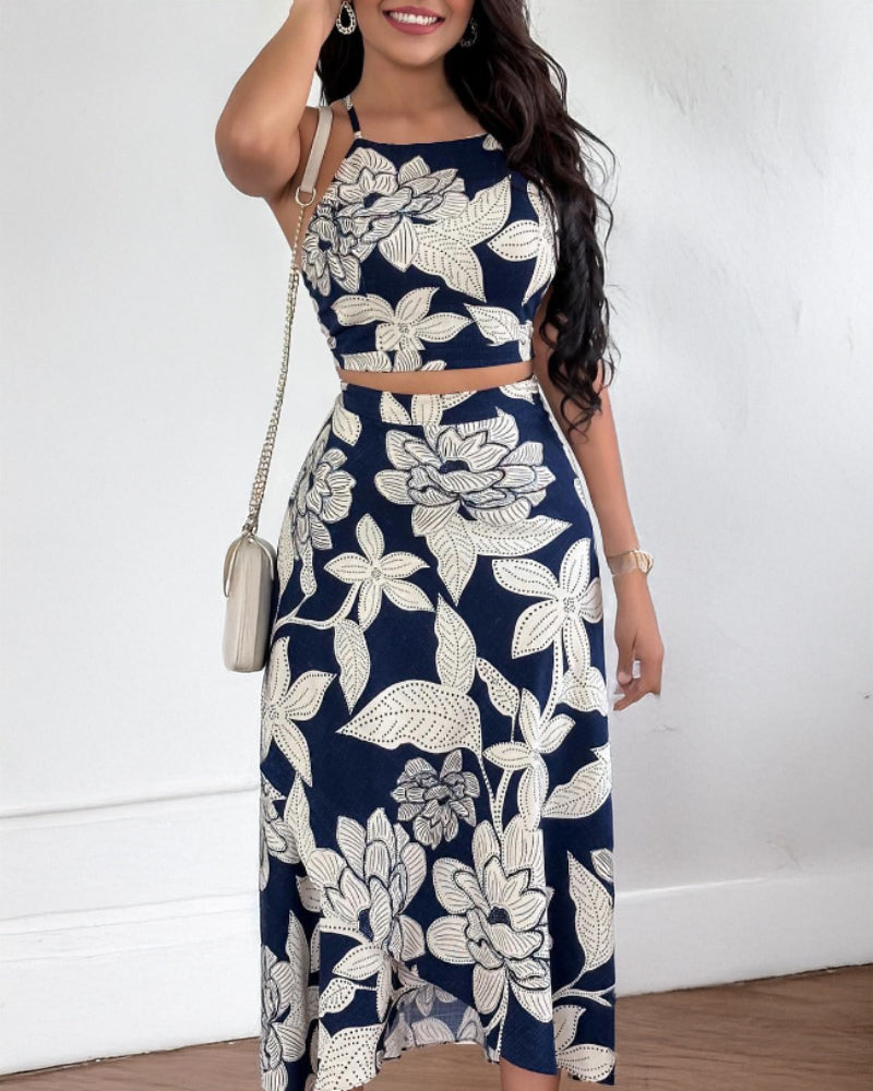 2 Pieces Outfit Floral Print Halter Spaghetti Strap Top Floral Print Lace up Backless Dress
