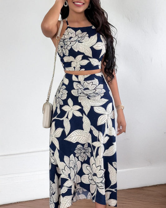 2 Pieces Outfit Floral Print Halter Spaghetti Strap Top Floral Print Lace up Backless Dress