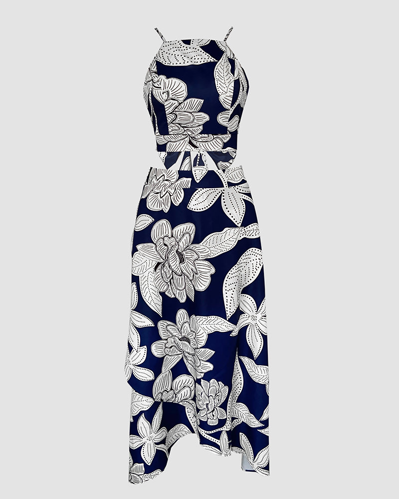 2 Pieces Outfit Floral Print Halter Spaghetti Strap Top Floral Print Lace up Backless Dress