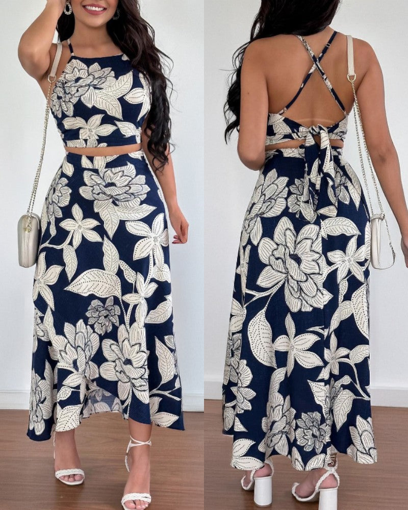 2 Pieces Outfit Floral Print Halter Spaghetti Strap Top Floral Print Lace up Backless Dress
