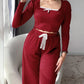 2 Pieces Outfit Frill Hem Long Sleeve Crop Top and Heart Pattern Drawstring Pants Pajamas Set