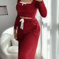 2 Pieces Outfit Frill Hem Long Sleeve Crop Top and Heart Pattern Drawstring Pants Pajamas Set