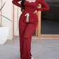 2 Pieces Outfit Frill Hem Long Sleeve Crop Top and Heart Pattern Drawstring Pants Pajamas Set