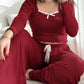 2 Pieces Outfit Frill Hem Long Sleeve Crop Top and Heart Pattern Drawstring Pants Pajamas Set
