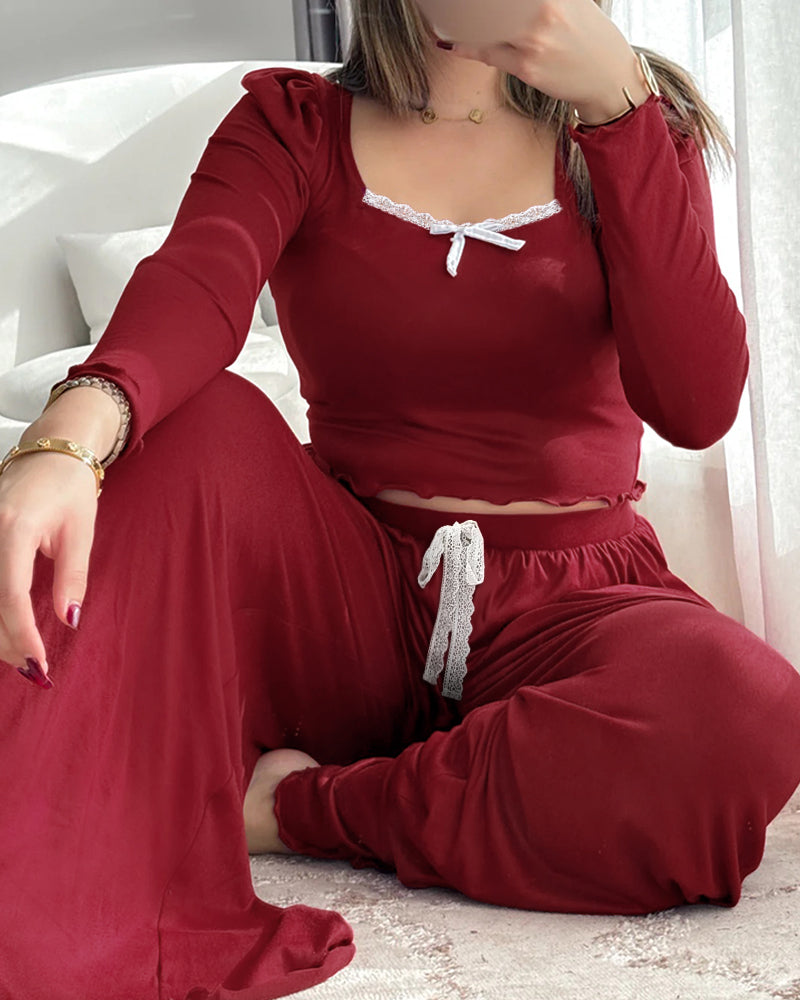 2 Pieces Outfit Frill Hem Long Sleeve Crop Top and Heart Pattern Drawstring Pants Pajamas Set