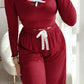 2 Pieces Outfit Frill Hem Long Sleeve Crop Top and Heart Pattern Drawstring Pants Pajamas Set