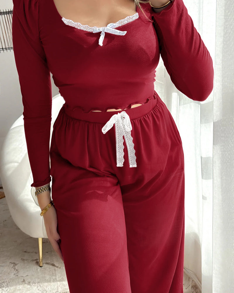 2 Pieces Outfit Frill Hem Long Sleeve Crop Top and Heart Pattern Drawstring Pants Pajamas Set