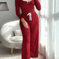 2 Pieces Outfit Frill Hem Long Sleeve Crop Top and Heart Pattern Drawstring Pants Pajamas Set