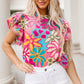 Multicolor Vibrant Floral Print Trimmed Ruffle Sleeve Blouse