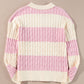 Pink Stripe Cable Knit Collared Henley Sweater