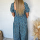 Blue Vintage Boho Floral Smocked Short Puff Sleeve Wide Leg Jumpsuit