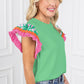 Light Green Contrast Ricrac Floral Sleeve Top