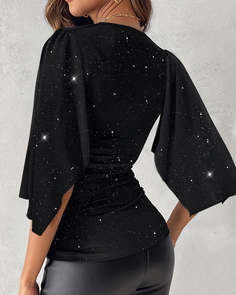 Plunge Bell Sleeve Chic Allover Sequin Asymmetrical Top