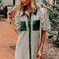 Green Patch Pockets Button Down Short Puff Sleeve Dress
