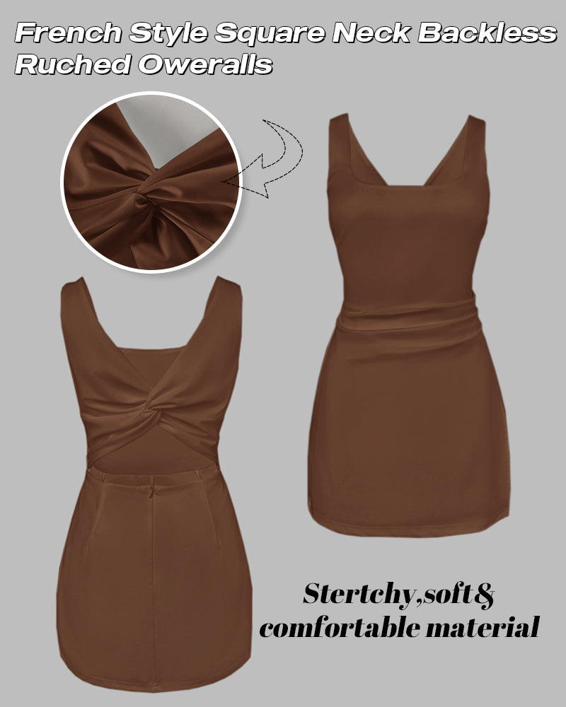 French Style Square Neck Backless Ruched Overalls Twist Back Slim Fit Faux Two Piece Skort Romper