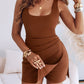 French Style Square Neck Backless Ruched Overalls Twist Back Slim Fit Faux Two Piece Skort Romper