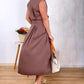 Stand Collar Sleeveless Button Down A Line Dress Back Ruched Work Dress (With Belt)