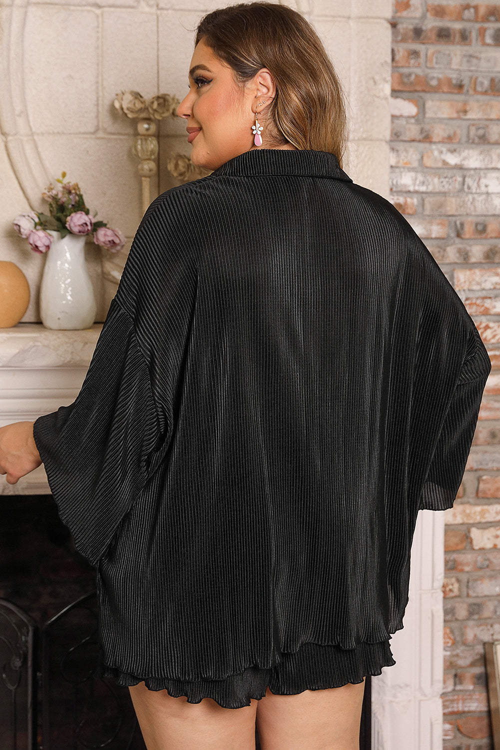 Black 3/4 Sleeve Pleated Plus Size Homewear Shorts Set