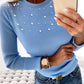 Round Neck Long Sleeve Beaded Knit Sweater