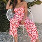 Pink Floral Print Twisted Bandeau Keyhole Pleated Wide Leg Jumpsuit