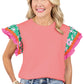 Peach Blossom Contrast Ricrac Floral Sleeve Top
