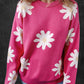 Bright Pink Daisy Flower Crew Neck Long Sleeve Sweater