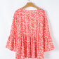Red Plus Size Floral V Neck Flared Bracelet Sleeve Blouse