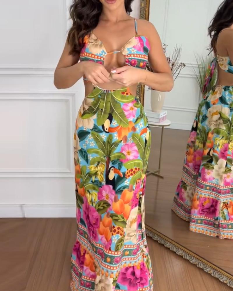 Floarl Print V Neck Lace Up Hollow Out Vaction Dress Casual A Line Tied Detail Backless Maxi Dress