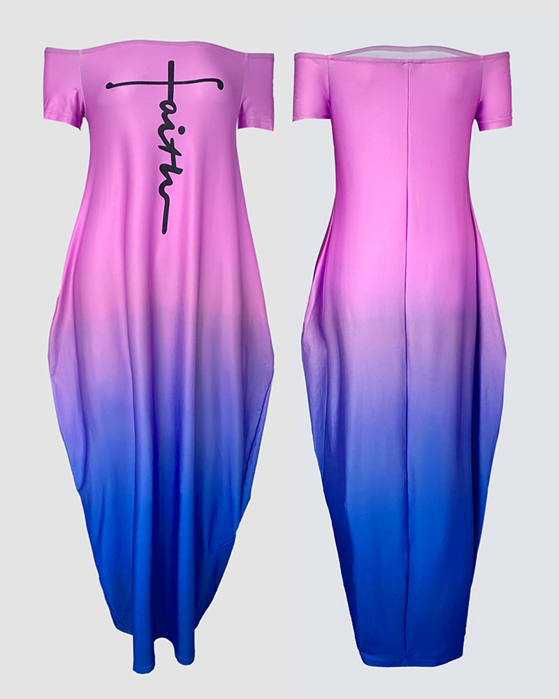 Faith Print Tie Dye Off the Shoulder Short Sleeve Elegant Maxi Dress with Pocket