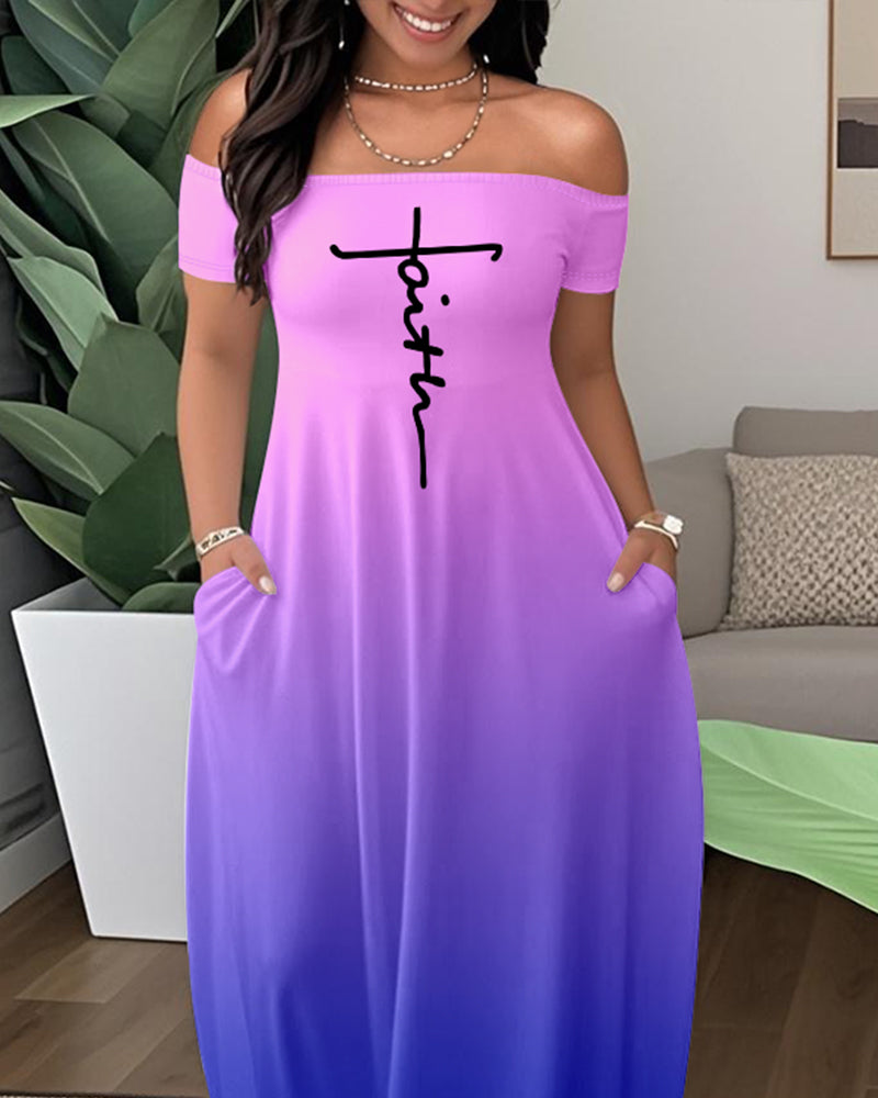 Faith Print Tie Dye Off the Shoulder Short Sleeve Elegant Maxi Dress with Pocket