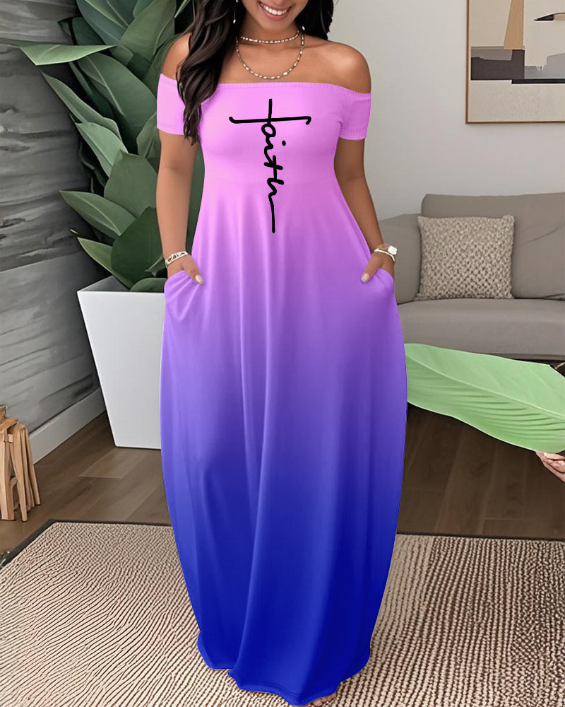 Faith Print Tie Dye Off the Shoulder Short Sleeve Elegant Maxi Dress with Pocket