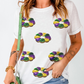 White Sequined Mardi Gras Pattern Crew Neck Short Sleeve Top