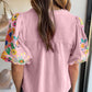 Pink Floral Embroidered Puff Sleeve Split Neck Blouse