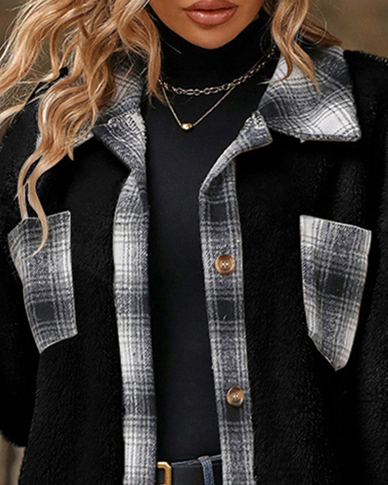 Plaid Print Pocket Design Long Sleeve Buttoned Teddy Coat Outfit