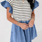 Black Stripe Ruffle Denim Patchwork Round Neck Mini Dress