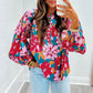 Red Floral Printed Balloon Sleeve Half Buttons Blouse