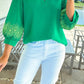 Green Contrast Floral Embroidered 3/4 Sleeve Notched V Neck Elegant Blouse