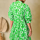 Green Floral Print Puff Half Sleeve V Neck Babydoll Dress