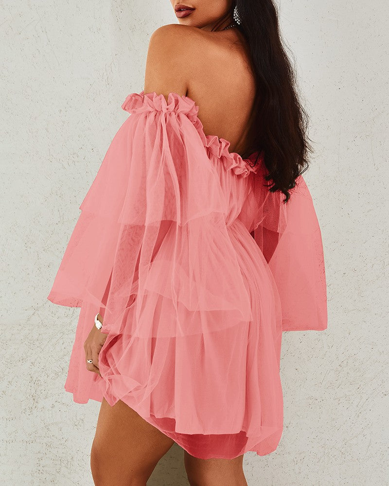 Off Shoulder Frill Trim Sheer Mesh Swing Dress