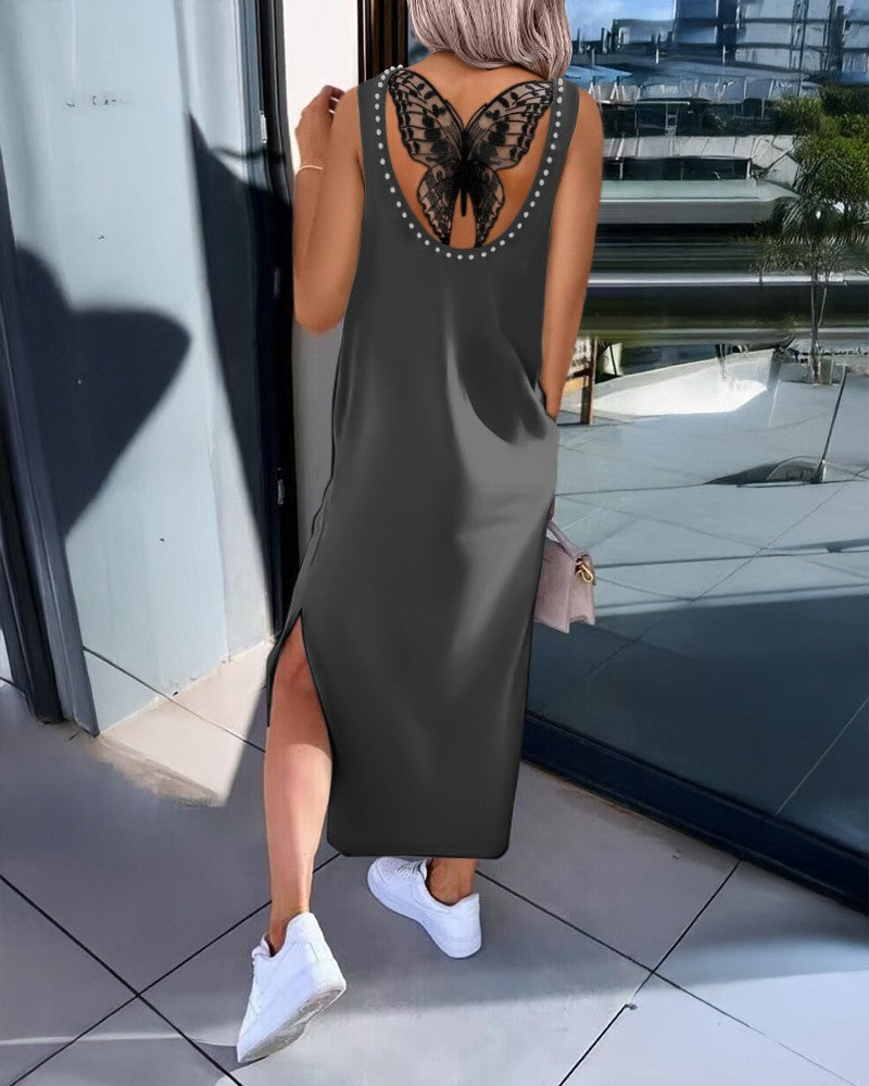 Back Butterfly Pattern Hollow out Slit Midi Dress Casual Loose Fit Dress