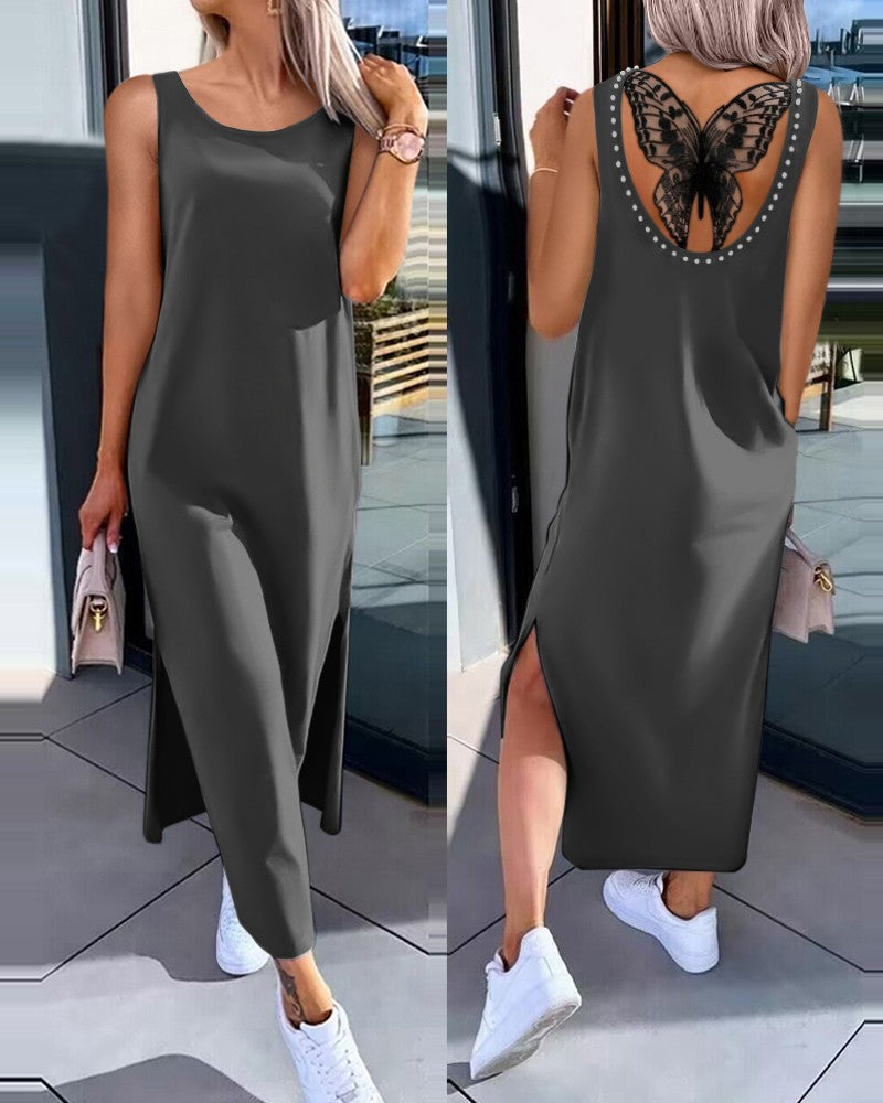 Back Butterfly Pattern Hollow out Slit Midi Dress Casual Loose Fit Dress