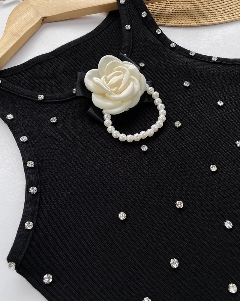 Floral Pattern Rhinestone Pearls Decor Knit Tank Top